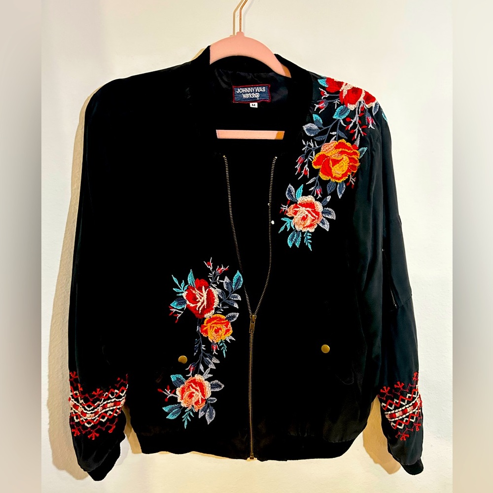 Johnny Was Silk Embroidered Bomber Jacket